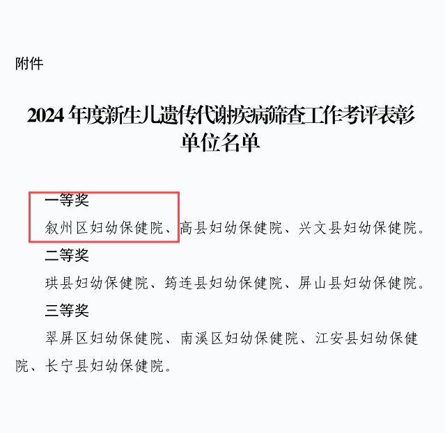 点赞！叙州区妇幼保健院荣获宜宾市新生儿遗传代谢性疾病筛查工作一等奖