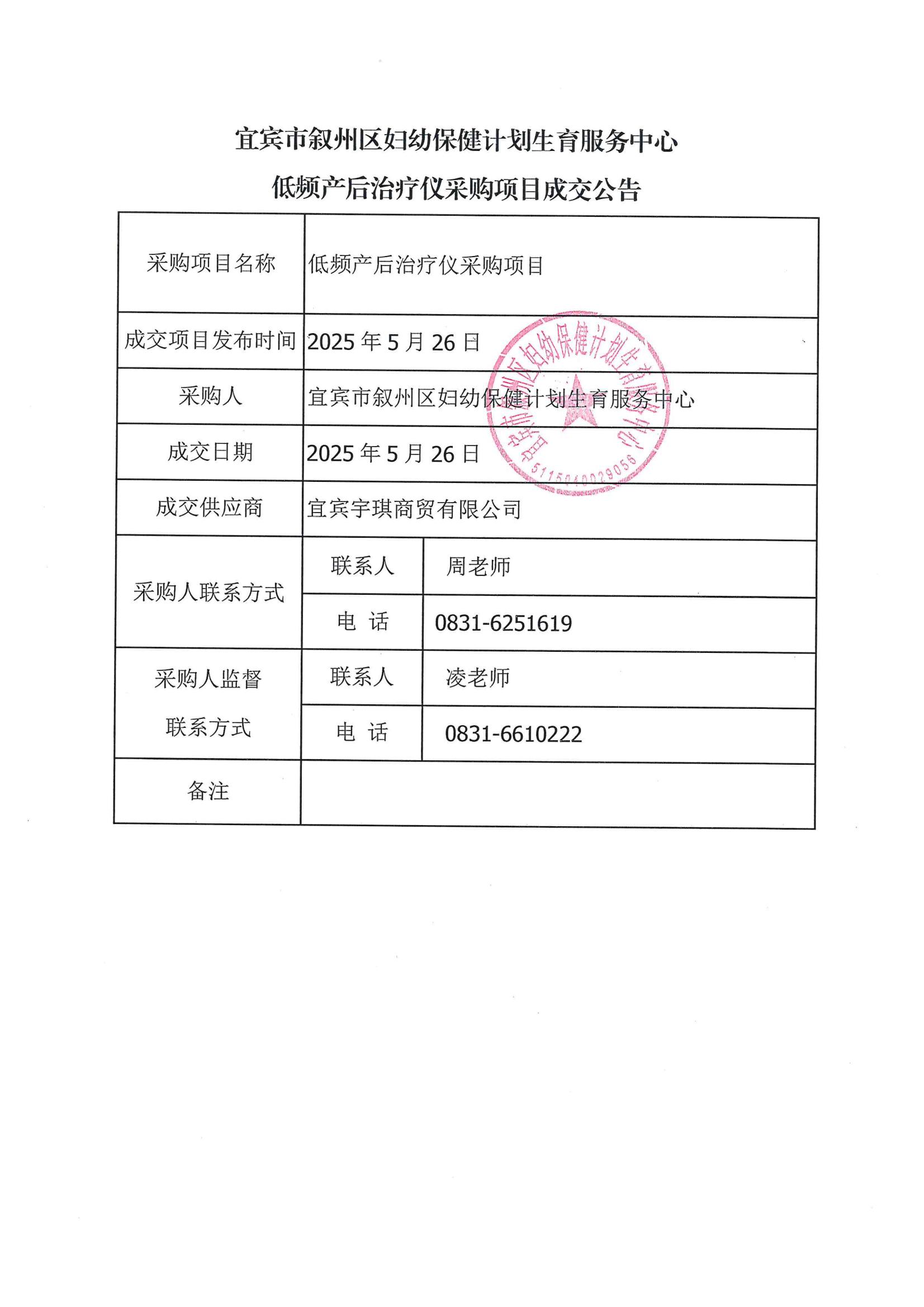 低频产后治疗仪采购项目成交公告