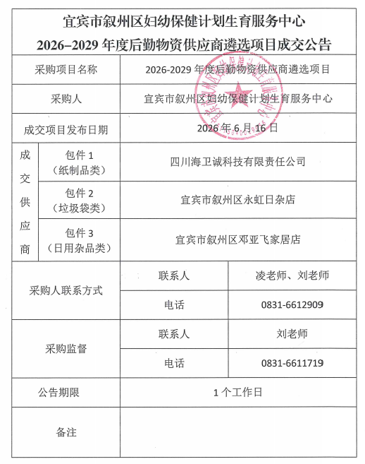 2026-2029年度后勤物资供应商遴选项目成交公告